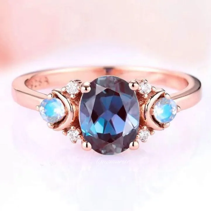 Alexandrite & Moonstone Ring- 14K Rose Gold Vermeil