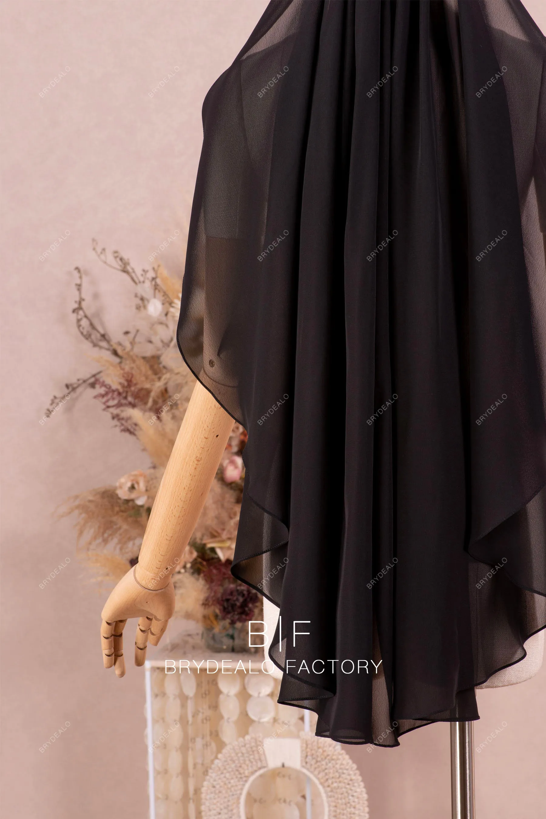 Black Flowing Chiffon Fingertip Length Wedding Veil