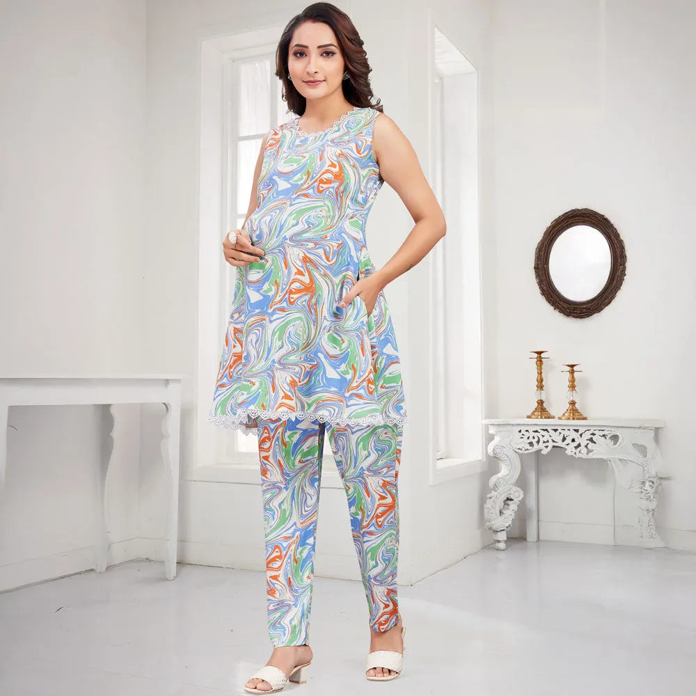 Blue Abstract Printed Nursing Maternity Co-Ord Set