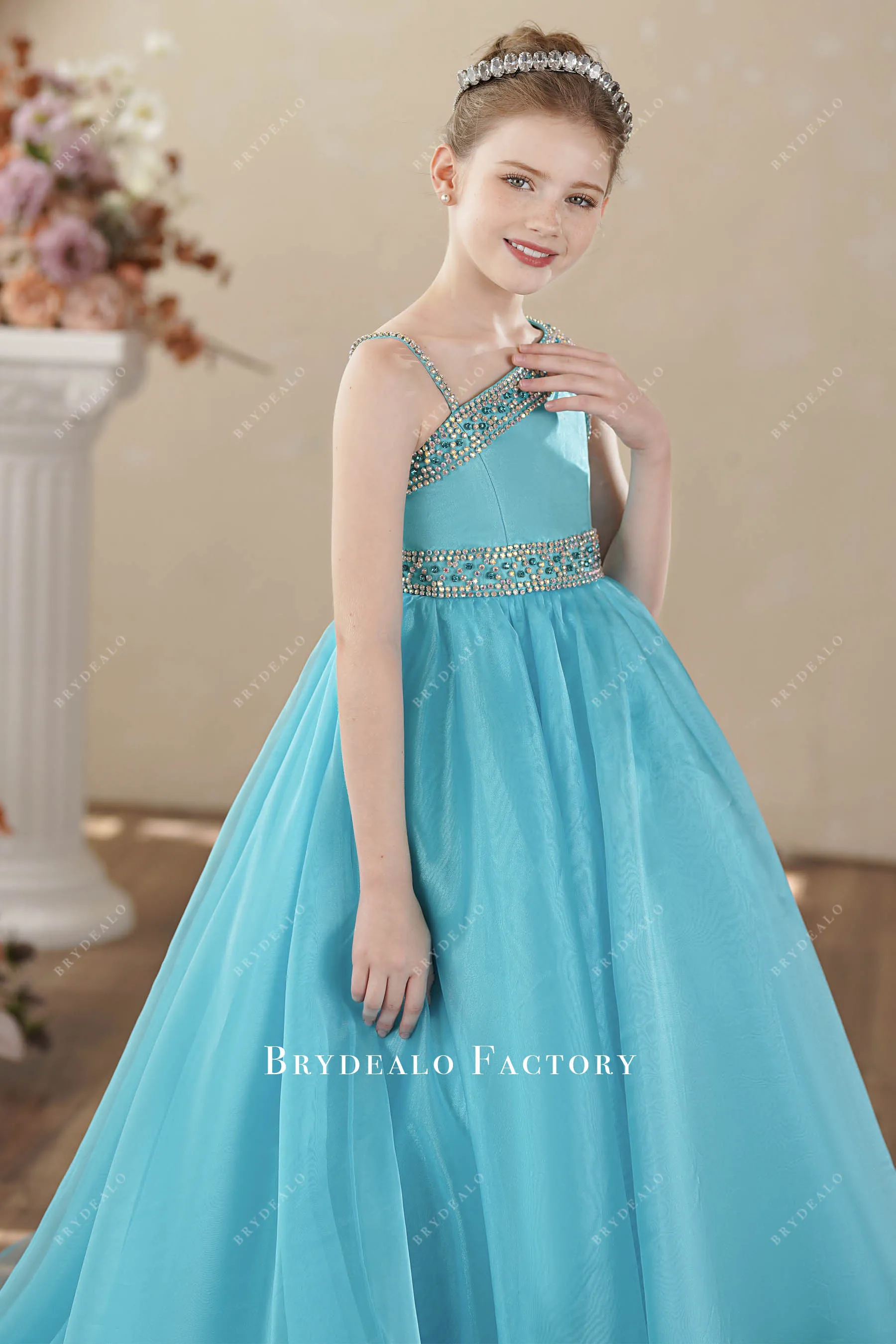 Blue Rhinestone One Shoulder Puffy Aline Teen Pageant Gown