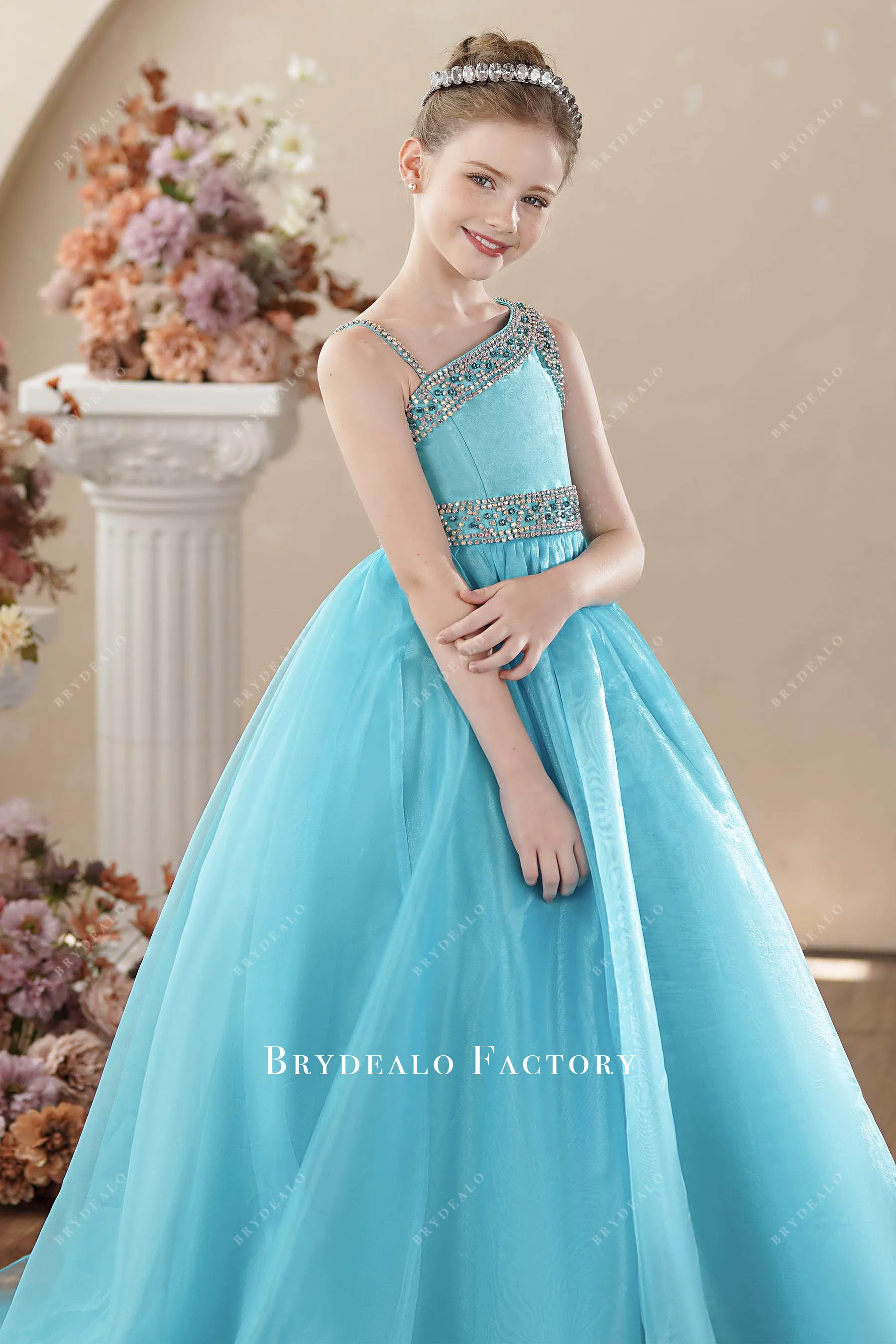 Blue Rhinestone One Shoulder Puffy Aline Teen Pageant Gown