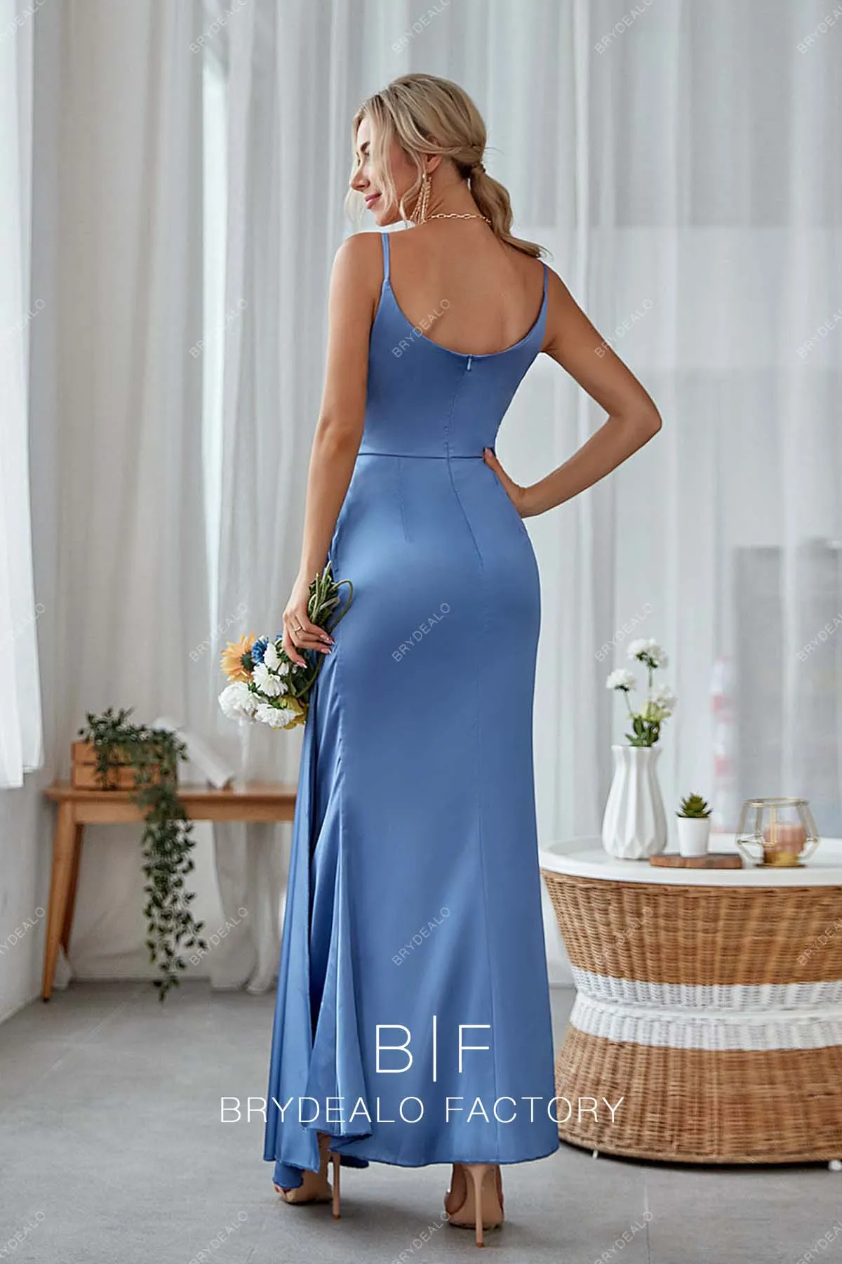 Blue Scoop Neck Spaghetti Strap Charmeuse Side Streamer Bridesmaid Dress