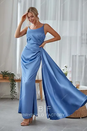 Blue Scoop Neck Spaghetti Strap Charmeuse Side Streamer Bridesmaid Dress