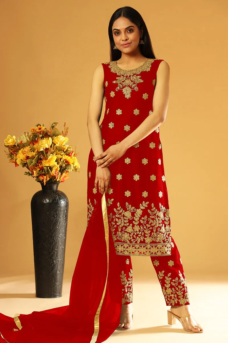 Bright Red Festive Wear Straight Cut Pant Style Suit