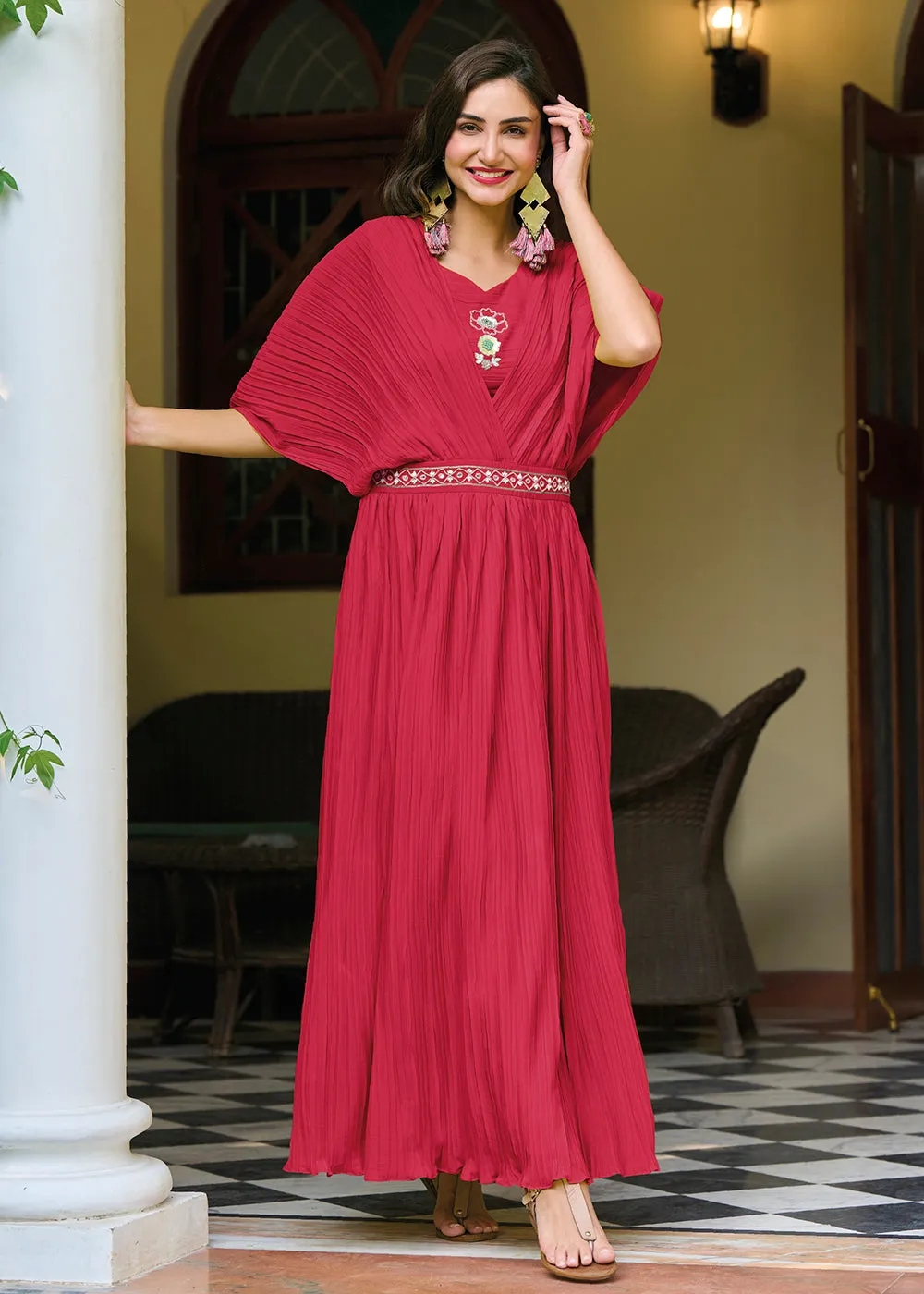 Cherry Red Chinon Party Wear Crushed Gown