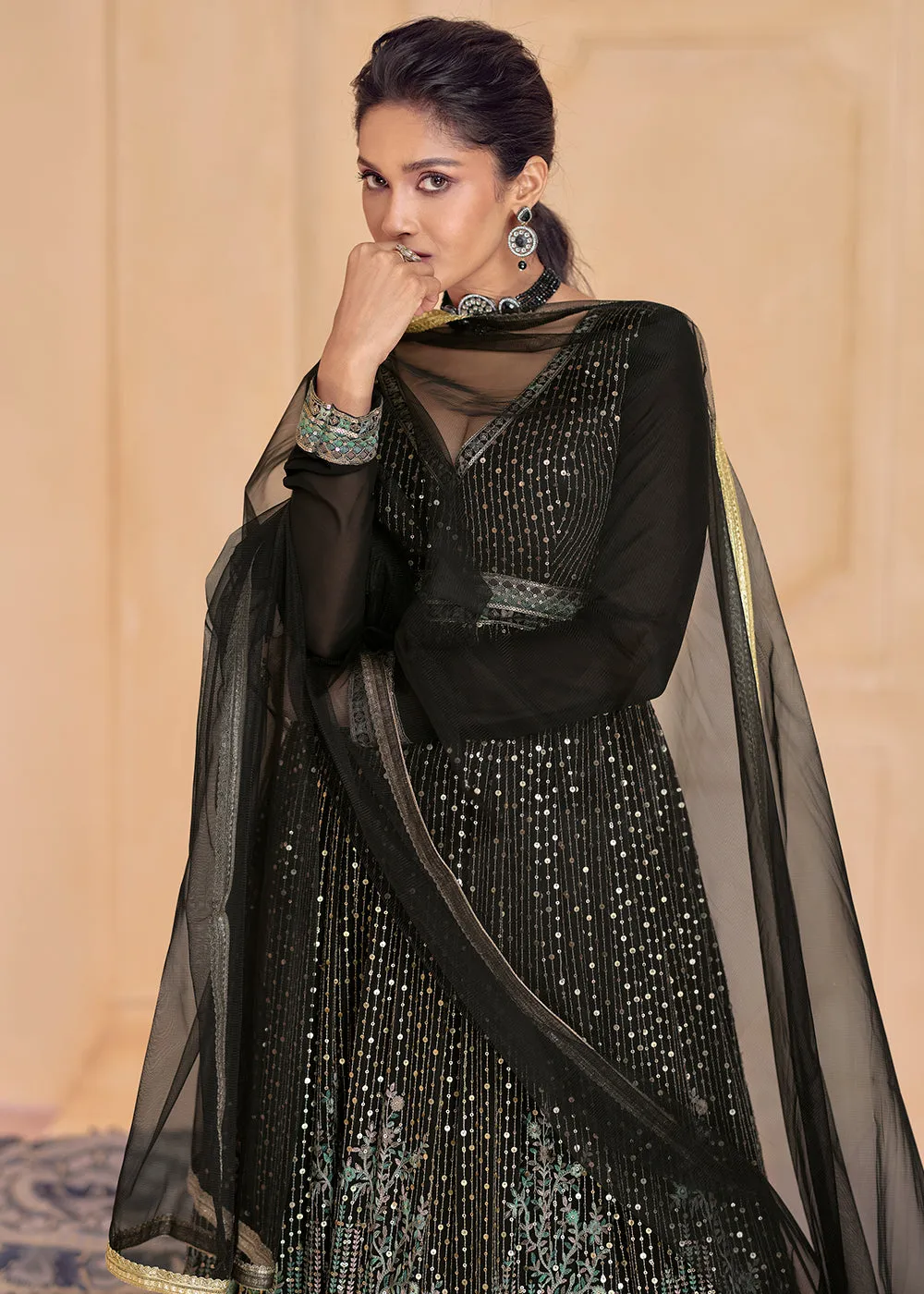 Classy Black Real Georgette Embroidered Long Anarkali Gown