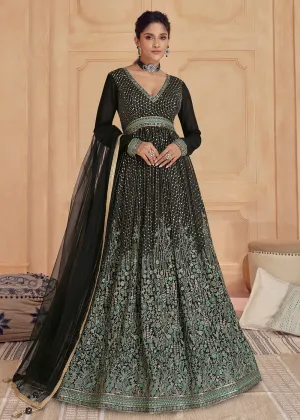 Classy Black Real Georgette Embroidered Long Anarkali Gown