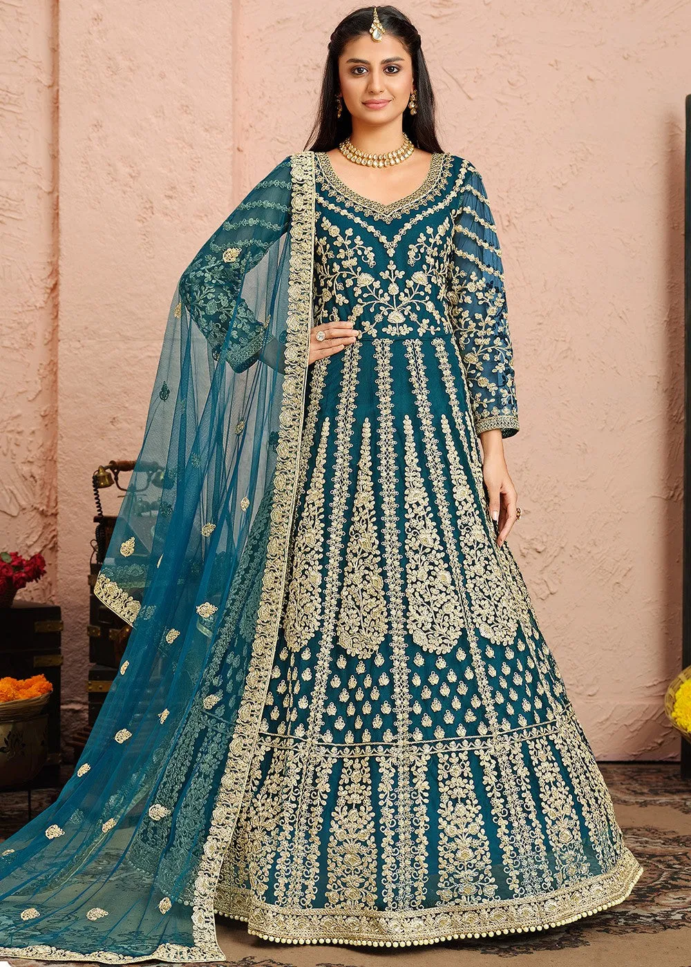 Dori Embroidered Blue Abaya Style Anarkali Suit