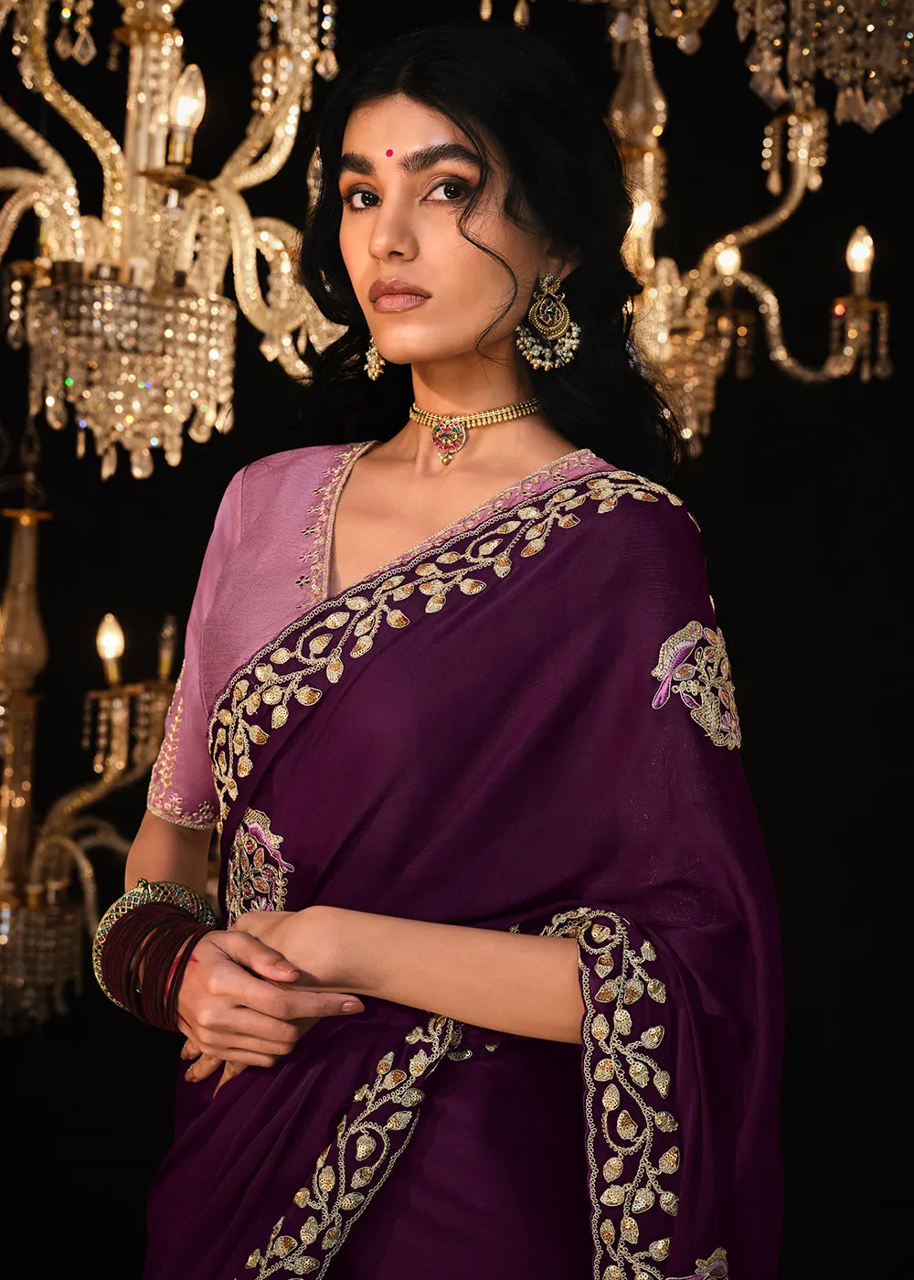 Fancy Purple Embroidered Designer Wedding Wear Saree