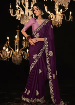 Fancy Purple Embroidered Designer Wedding Wear Saree