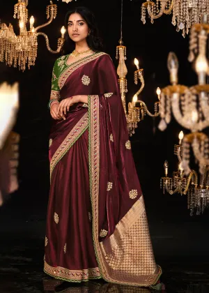 Fancy Wine Embroidered Designer Wedding Wear Saree