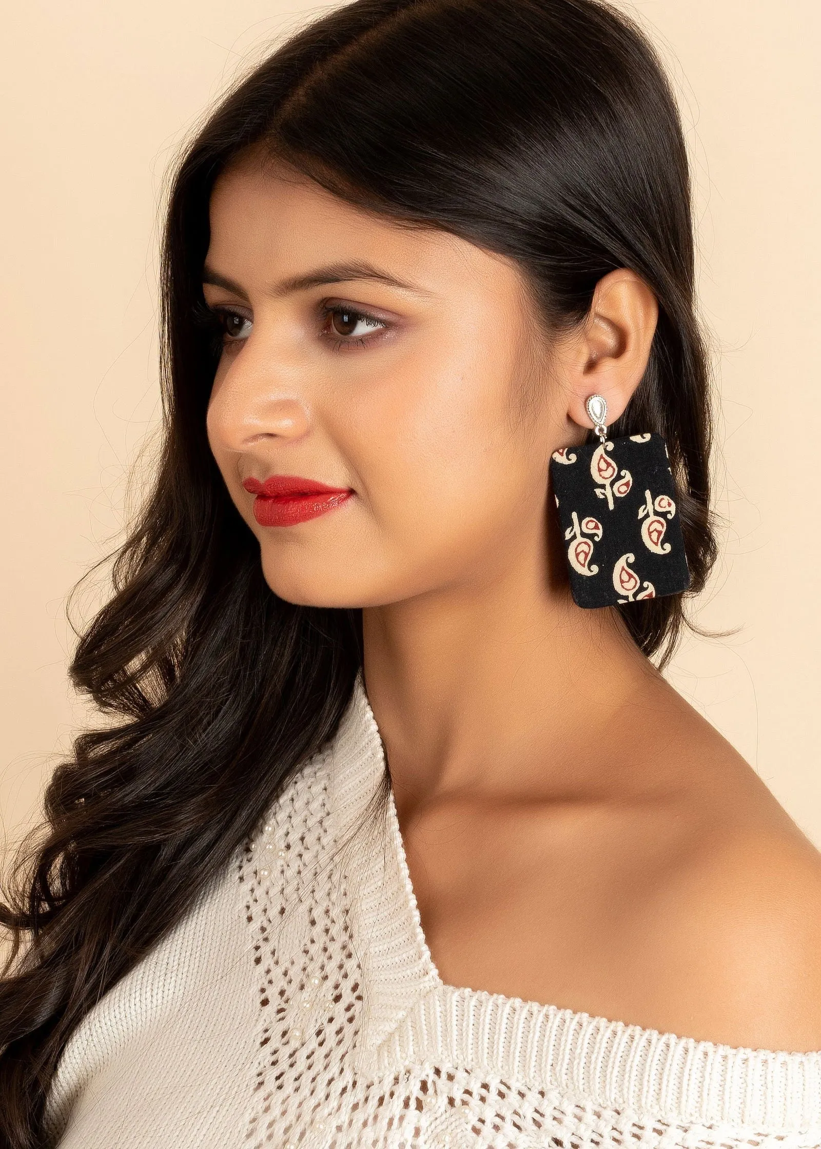 Handmade Ajrakh Design Fabric with German Silver Stud Earrings - Non-Allergic Plating Jewelry, Perfect for Gifting