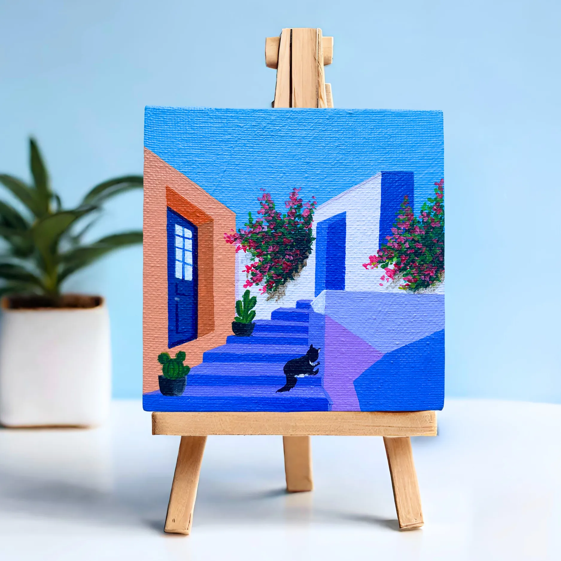 Mini Canvas Original Painting | Adorable Desk Decor | City Blue