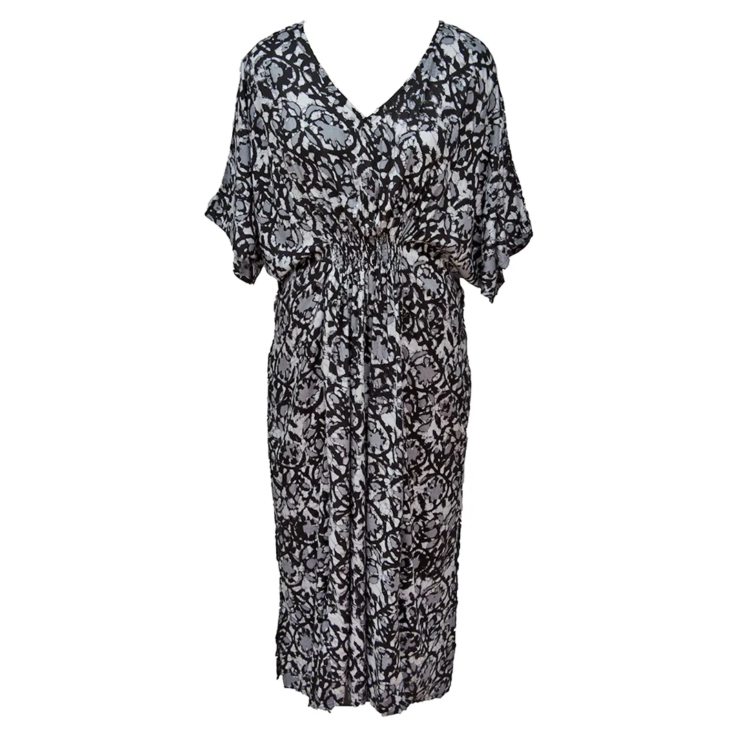 N Black Batik Floral Smocked Maxi Dress Size 16-32 PL21