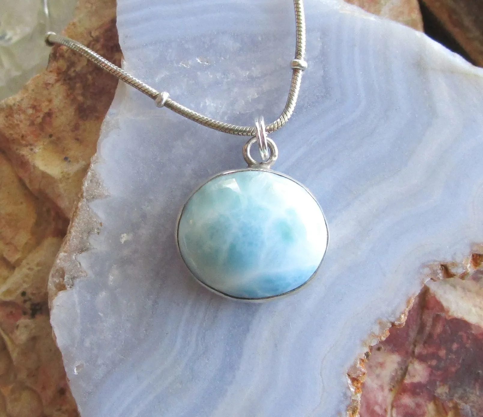 Natural Larimar Gemstone Sterling Silver Pendant Necklace