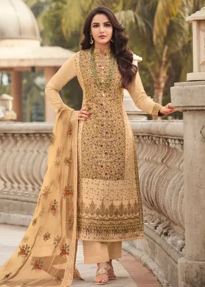 Pretty Beige Viscose Jacquard Pant Style Salwar Kurta Set