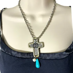 Reworked Vintage Bag Cross Pendant With Fragments of Vintage Jewelry Necklace