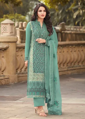 Sea Green Viscose Jacquard Pant Style Salwar Kurta Set