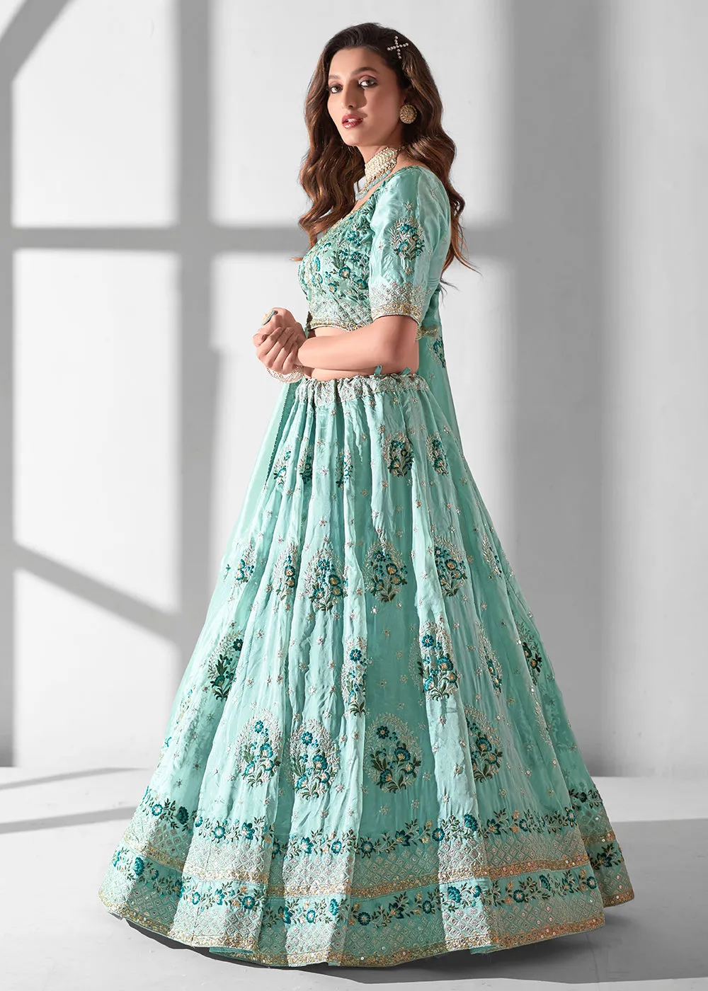 Sky Blue Multi Embroidered Wedding Festive Lehenga Choli