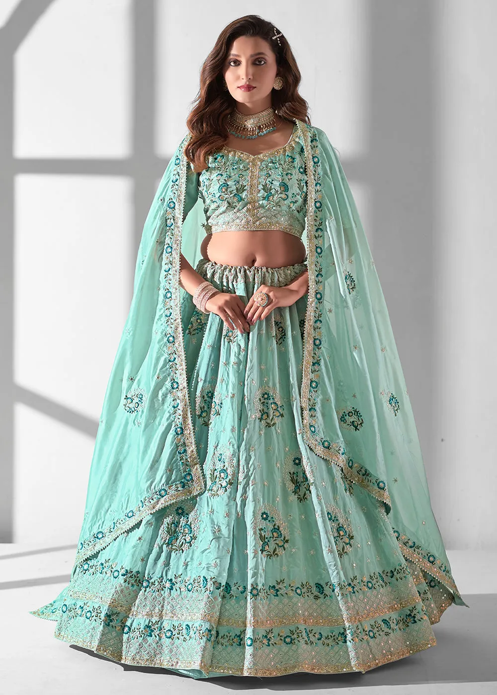 Sky Blue Multi Embroidered Wedding Festive Lehenga Choli