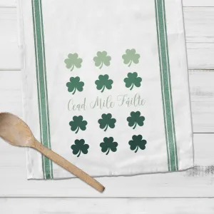 St. Patrick's Day cotton tea towel | green striped cead mile fáilte kitchen dish towel | shamrocks one hundred thousand welcomes tea towel gift