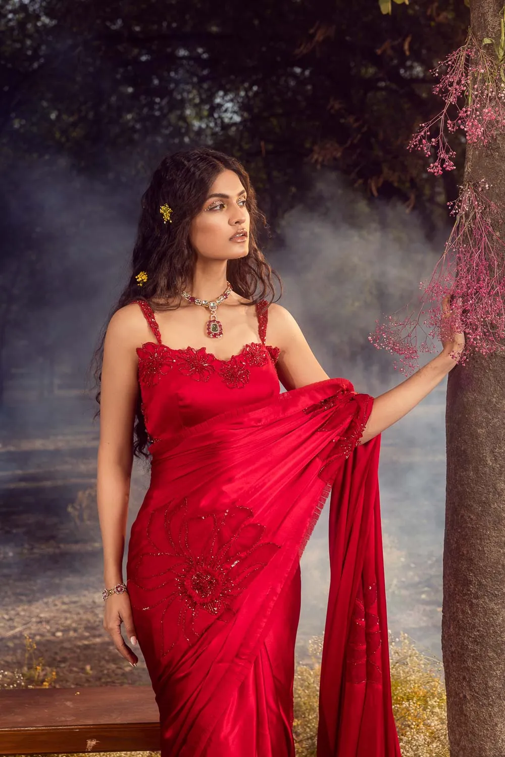 Strawberry Red Satin Saree