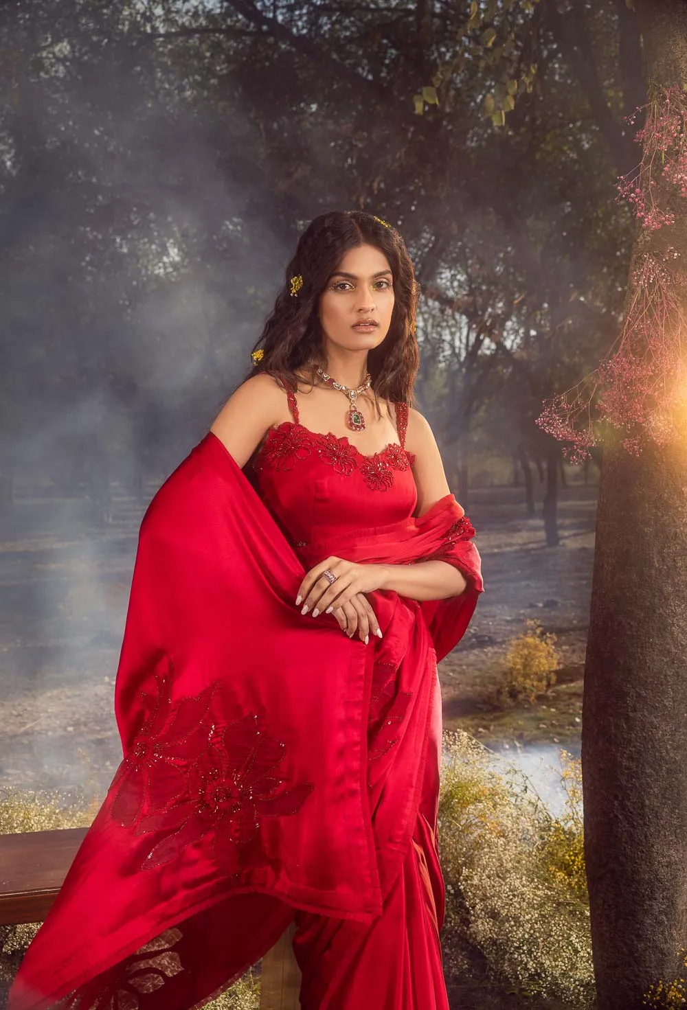 Strawberry Red Satin Saree