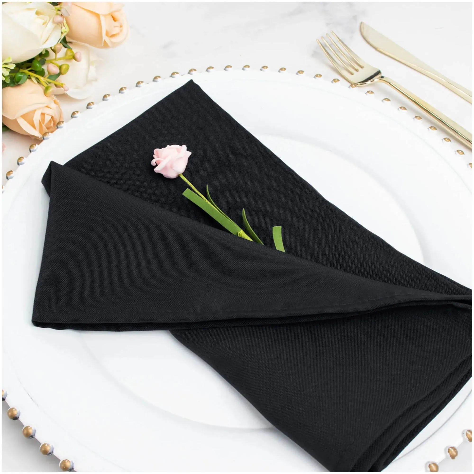 Wrinkle Resistant Fabric Dinner Napkins, Oversized 20 x 20 Inches, Black (Set of 10)